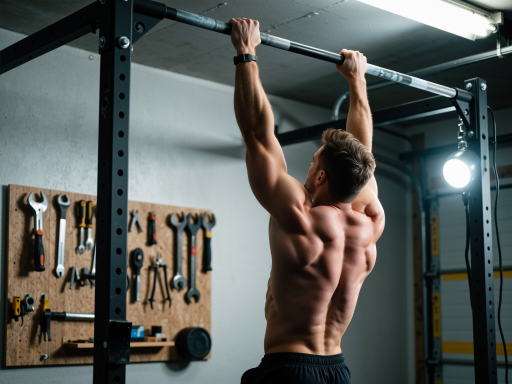 Premium wall-mounted pull-up bar with multiple grip positions, black finish, installed in modern home gym setting with white walls and wooden floor